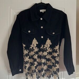 Customized One-Of-a-Kind Black Lace Denim
Jacket; Black & Golden. Size: Small